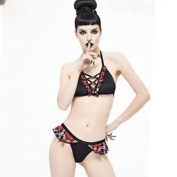 Crisscross Plaid Bikini Set XL-2XL – Ruffle Trim & Skull Charms by Devil’s Fashi - Picture 4 of 10